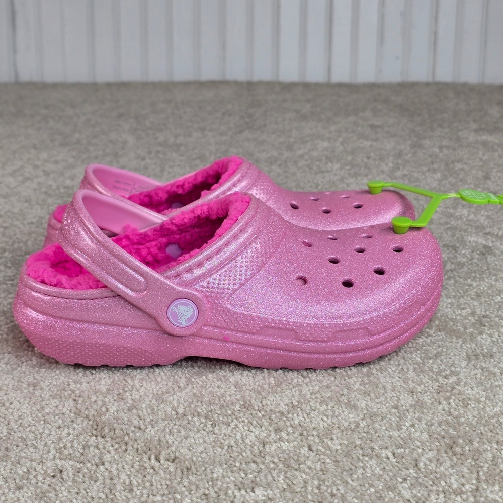 Crocs Classic Lined Glitter Clog K Pink Sparkle Fuzzy‎ Shoes J3 207462-6WY NEW